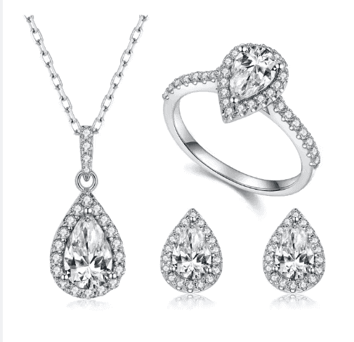 Diamond Sterling Silver Jewelry Set With Ring Earrings Necklace